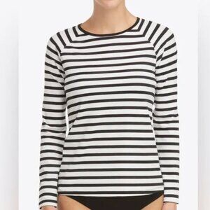Spanx Long Sleeve Swim Shirt Rash Guard Top Black White Stripe Size Small NWT